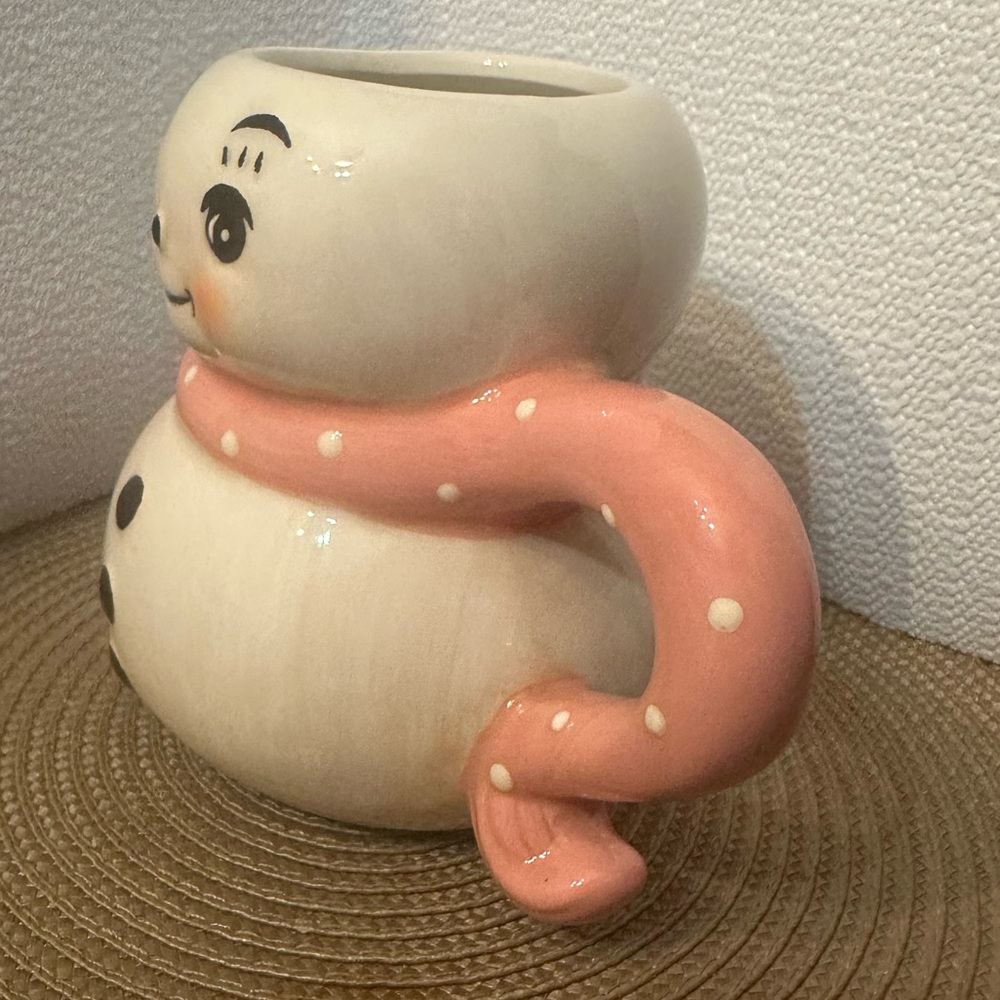 Whimsical Snowman Ceramic Mug with Pink Handle - Picture 4 of 9